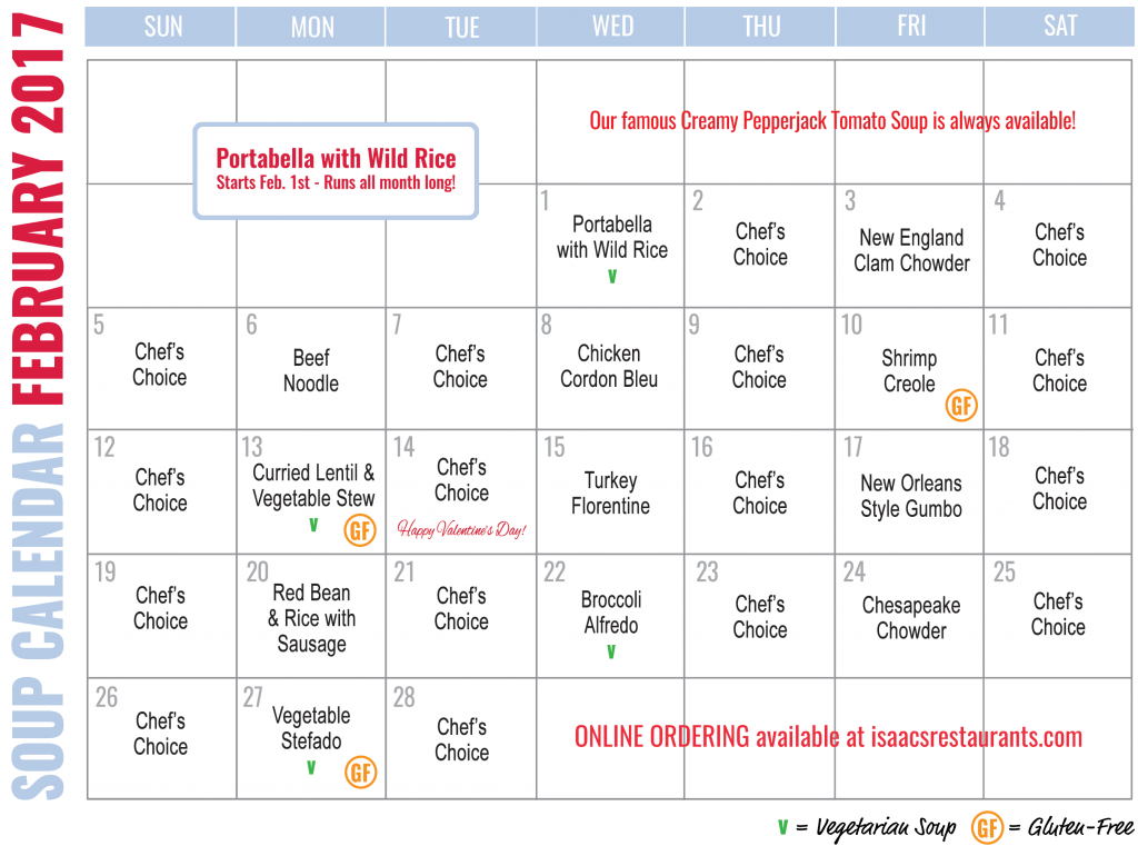 Feb 2017 soup webCalendar | Isaac's Restaurants