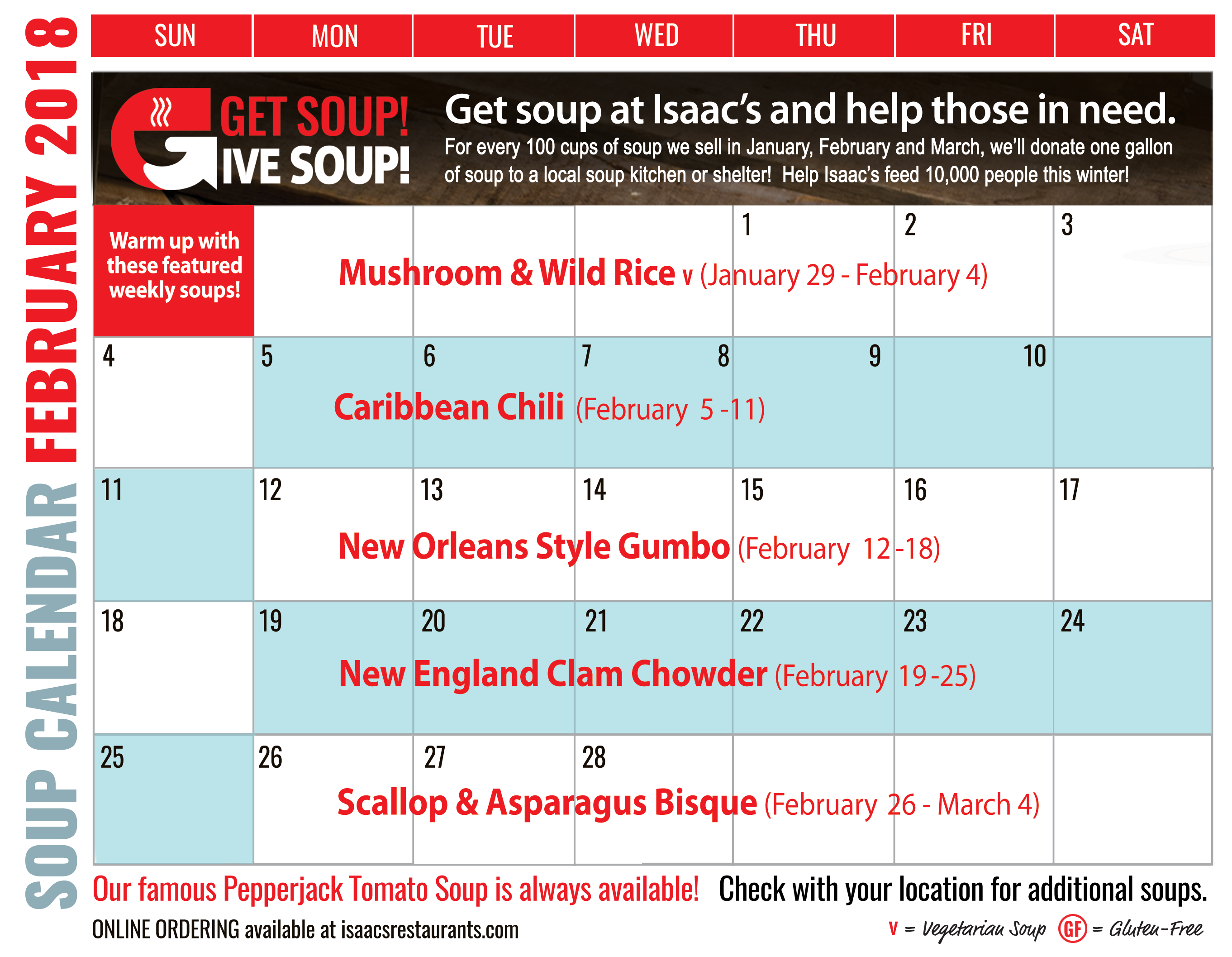 Feb 2018 soup web Calendar Isaac #39 s Restaurants