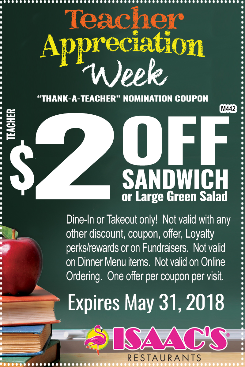 Thank A Teacher Coupon Isaac's Restaurants